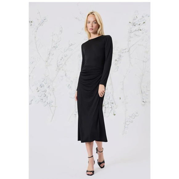 Luxely Black Long Formal Evening Dress Ballgown Size 16 Draped Ruched Waist L/S - Picture 1 of 9